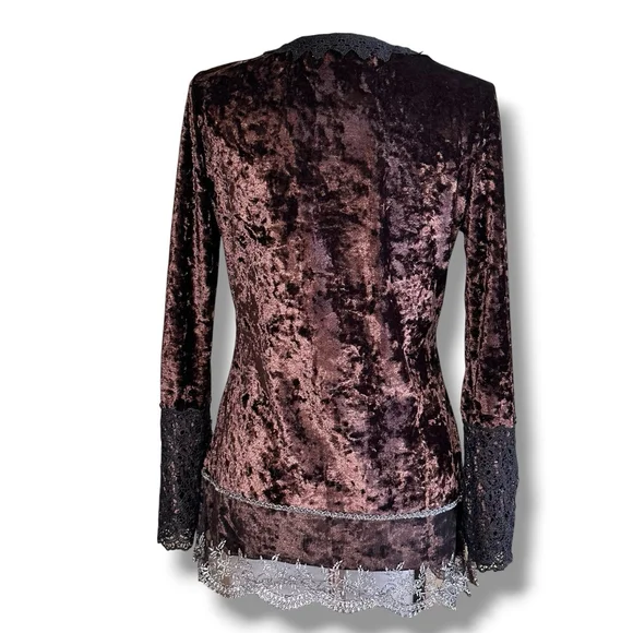 Passion Concepts Y2K Crushed Velvet Lace Beaded L/S V-Neck Top Whimsygoth Medium - Picture 3 of 6